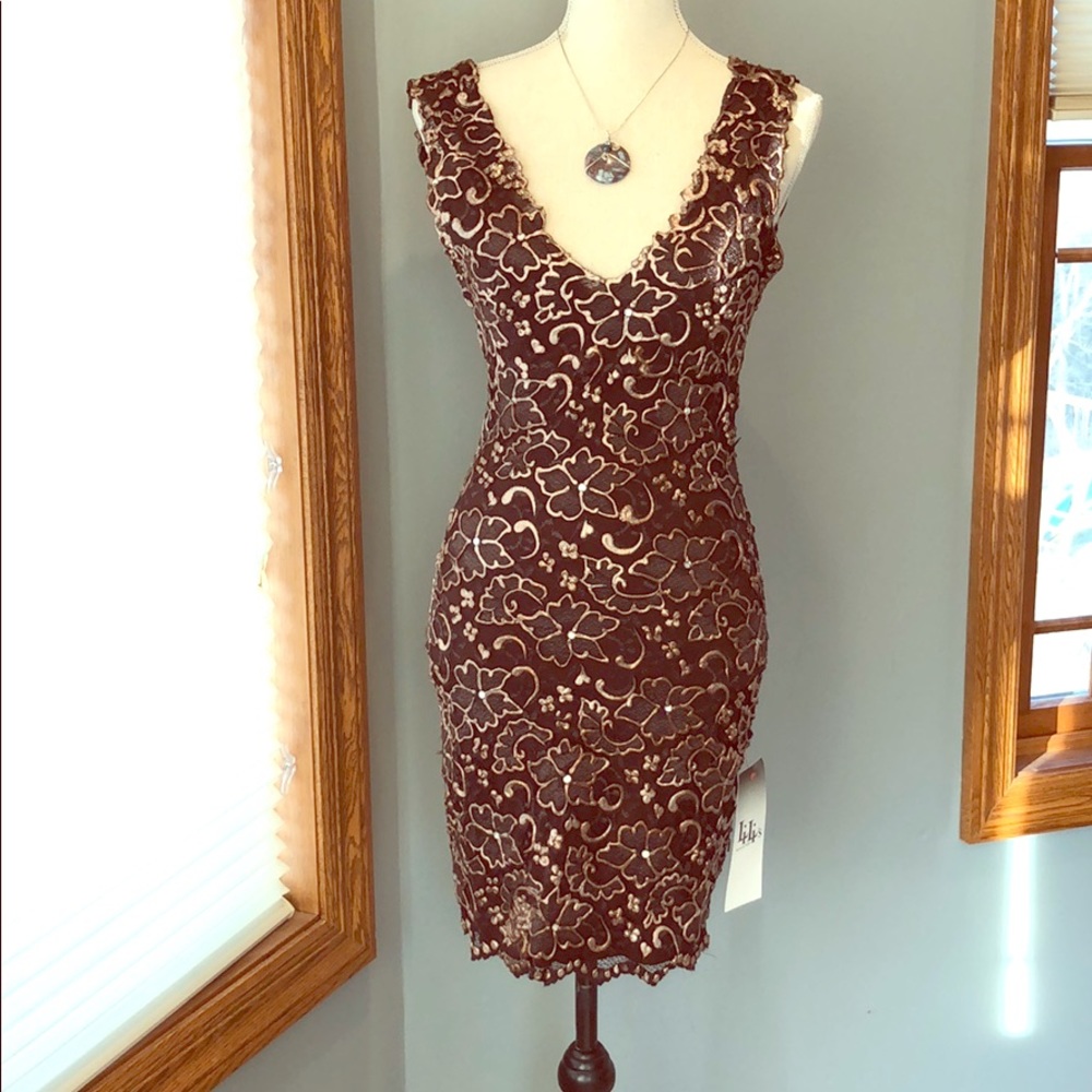 Brown and bronze floral lace dress.